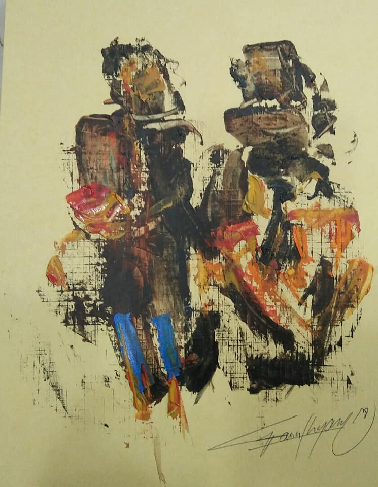 Figurative Painting with Acrylic on Cardboard "Gossip" art by Ghanshyam Kashyap