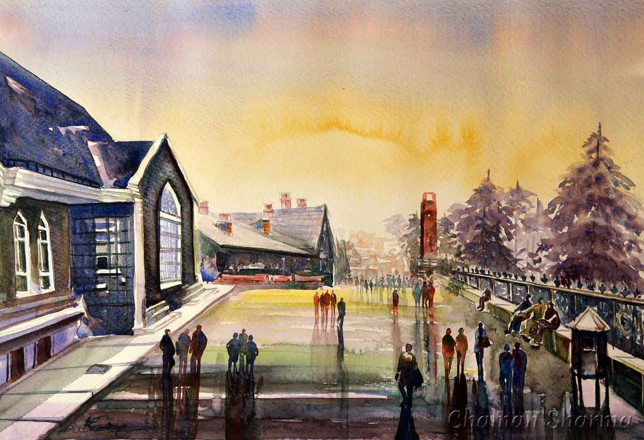 Semi Realistic Painting with Watercolor on Paper "The Gaiety Theater - Shimla" art by Chaman Sharma