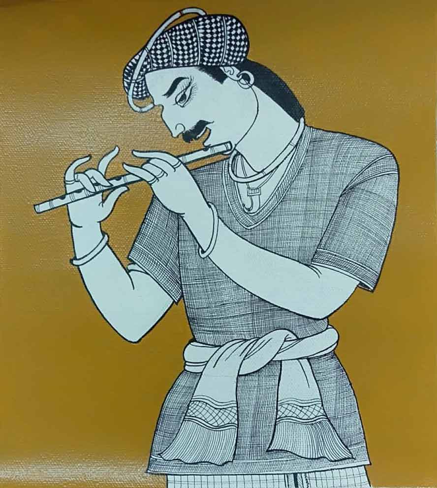 Figurative Drawing with Acrylic on Canvas "Village man with flute" art by Chinnaa Sreepathi