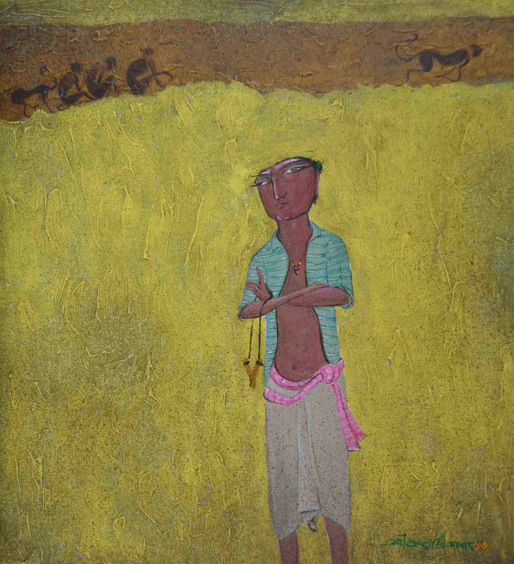 Figurative Painting with Acrylic on Canvas Board "Farmer" art by Jyoti Prasad Mallick