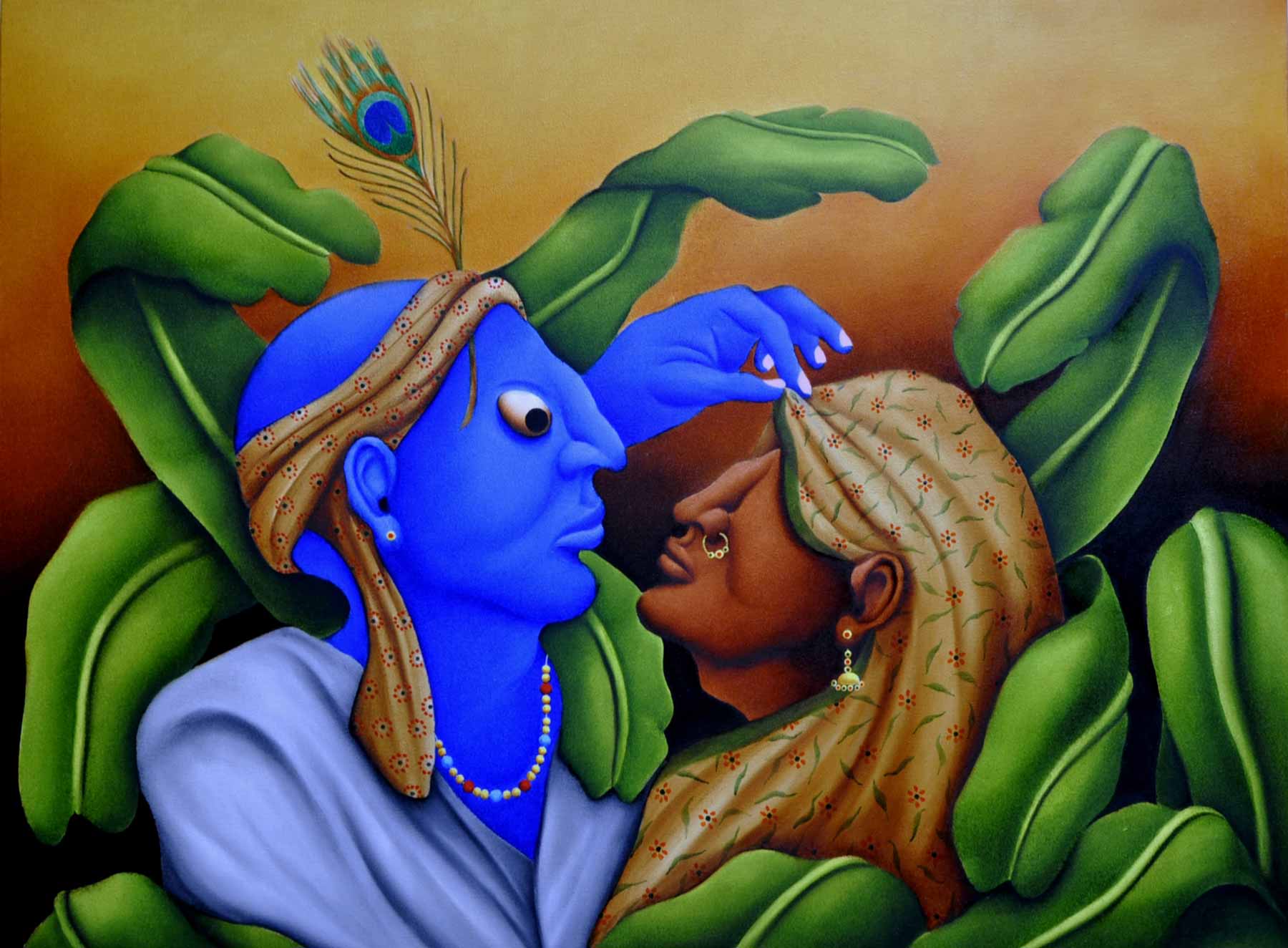 Figurative Painting with Oil on Canvas "Radha-Krishna" art by Abbas Batliwala