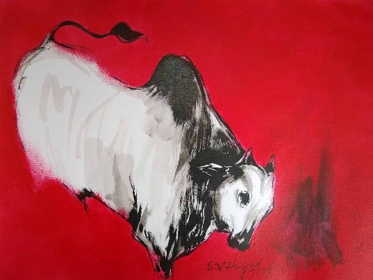 Bull-III-Mixed-Media-Painting-on-Paper-SV-Hugar-IG183-IndiGalleria