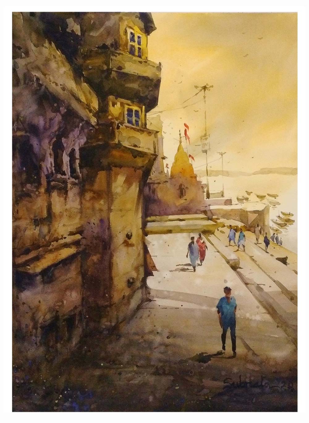 Figurative Painting with Watercolor on Fabriano "Banaras-1" art by Subrata Malakar