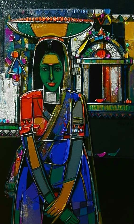 Figurative Painting with Acrylic on Canvas "Fruit Seller-1" art by Girish Adannavar 