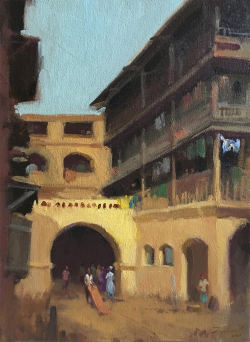 Semi Figurative Painting with Oil on Canvas "Girgaon" art by Paresh Thukrul