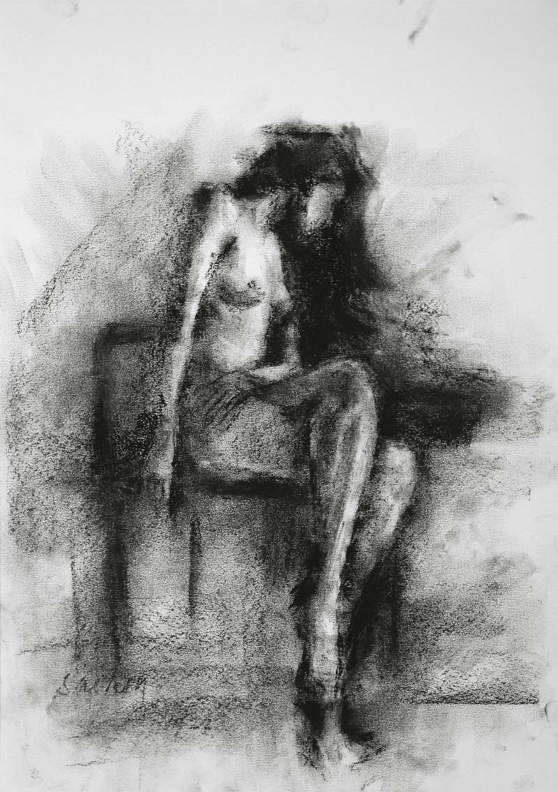 Figurative Drawing with Charcoal on Paper "Woman Sketch-002" art by Sachin Upadhye