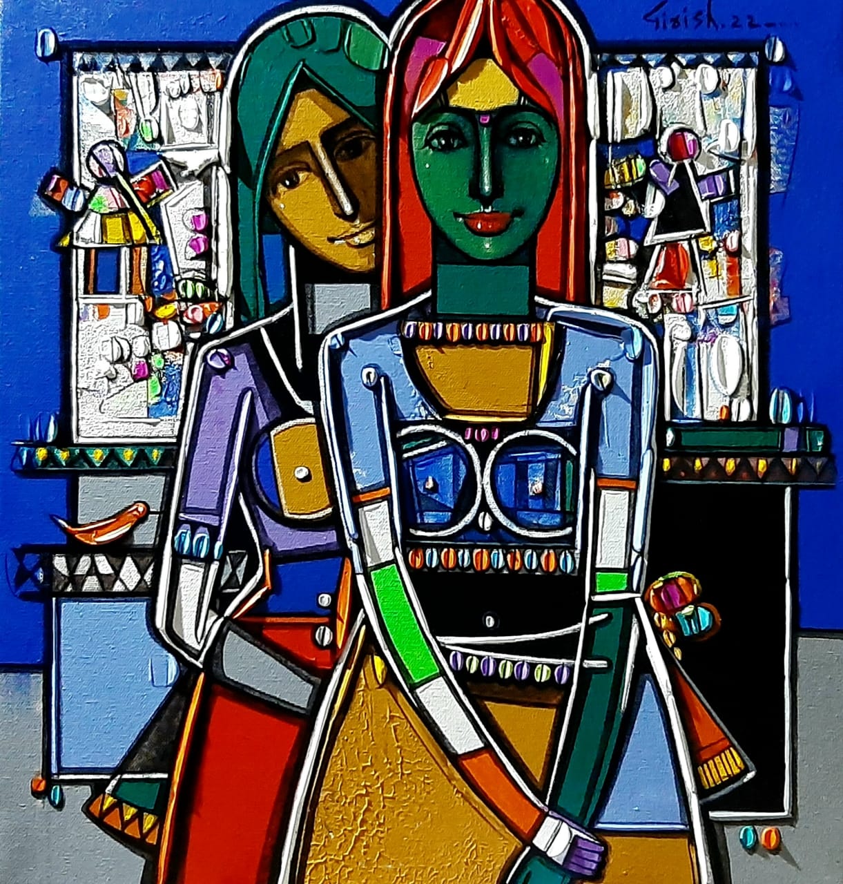 Figurative Painting with Acrylic on Canvas "Saheliyan" art by Girish Adannavar 