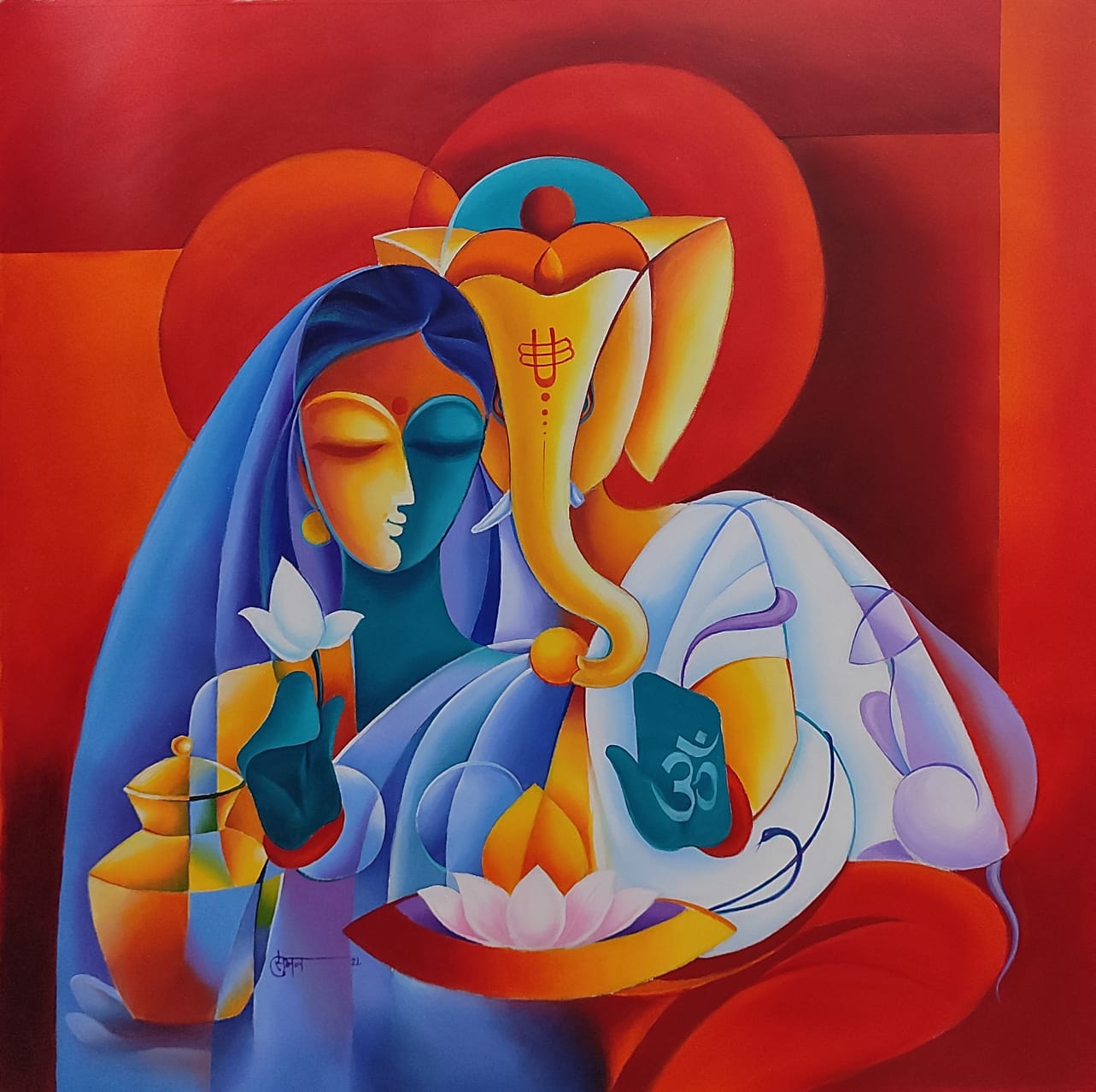 Figurative Painting with Acrylic on Canvas "Laxmi Ganesh" art by Suman Verma