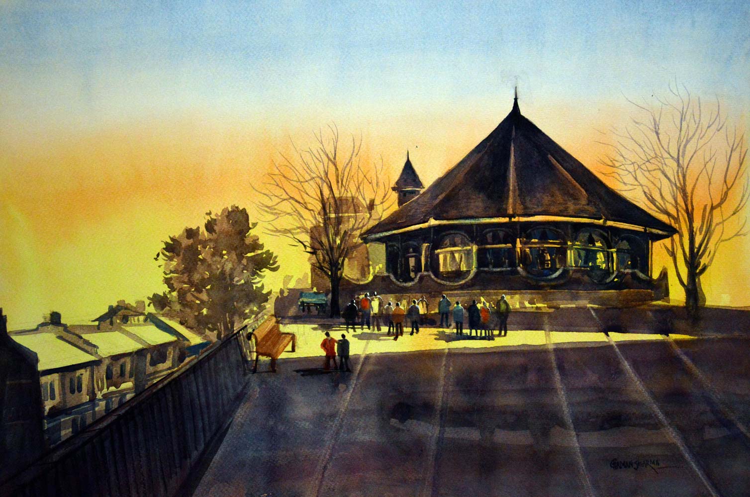 Semi Realistic Painting with Watercolor on Paper "Goofa Ashiana Restaurant" art by Chaman Sharma