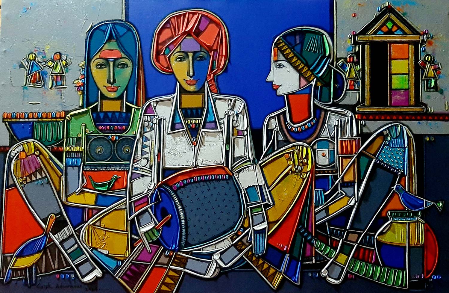 Figurative Painting with Acrylic on Canvas "Market Place-2" art by Girish Adannavar 