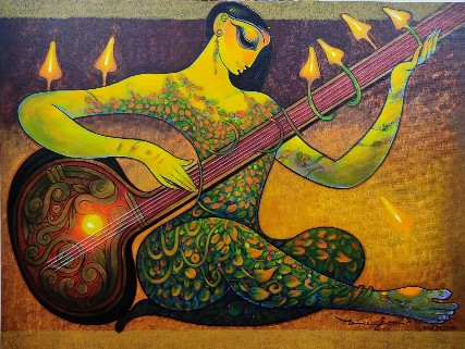 Sitar-Acrylic-Painting-Ramesh-Gujar-IndiGalleria-IG1989